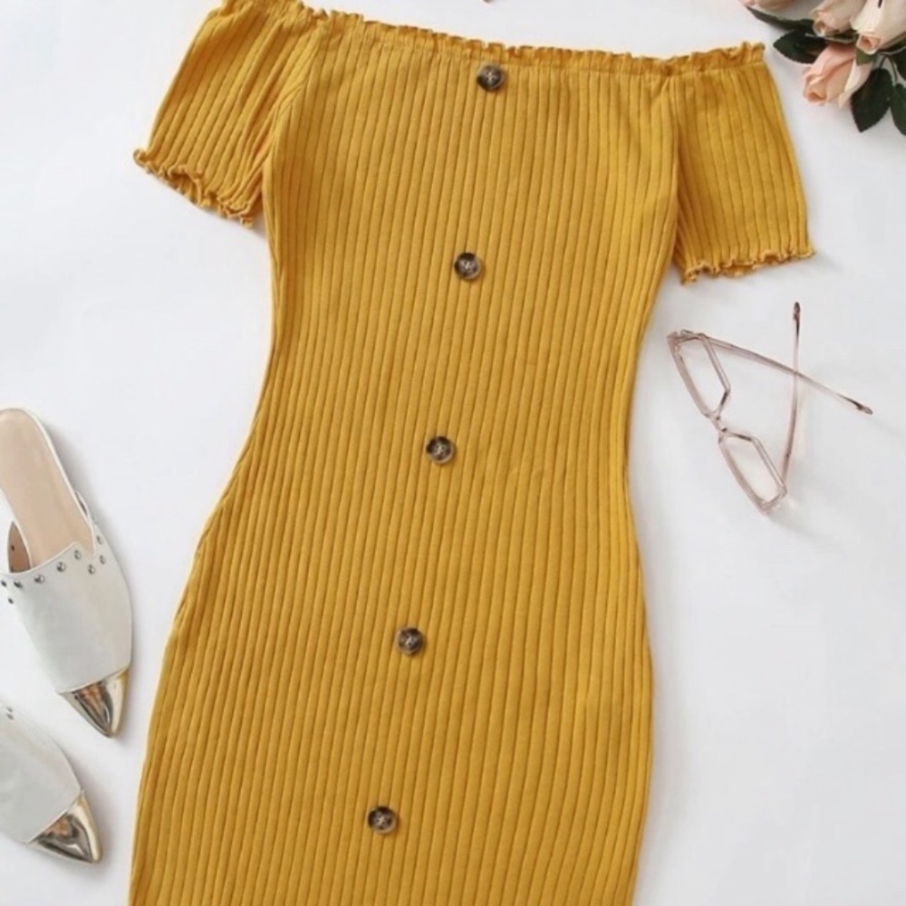 Button Front Lettuce Edge Bardot Dress Mustard Yellow Size XL/12